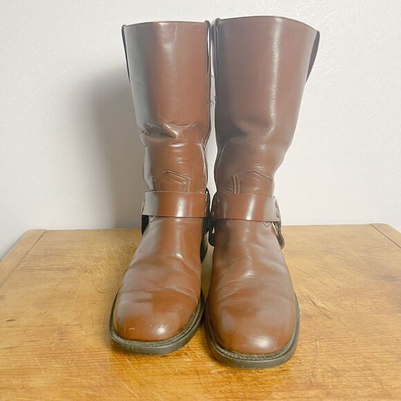 Distressed Square Toe Harness Boots Women's Size 11 Brown Faux Leather Moto Boho - Picture 1 of 13